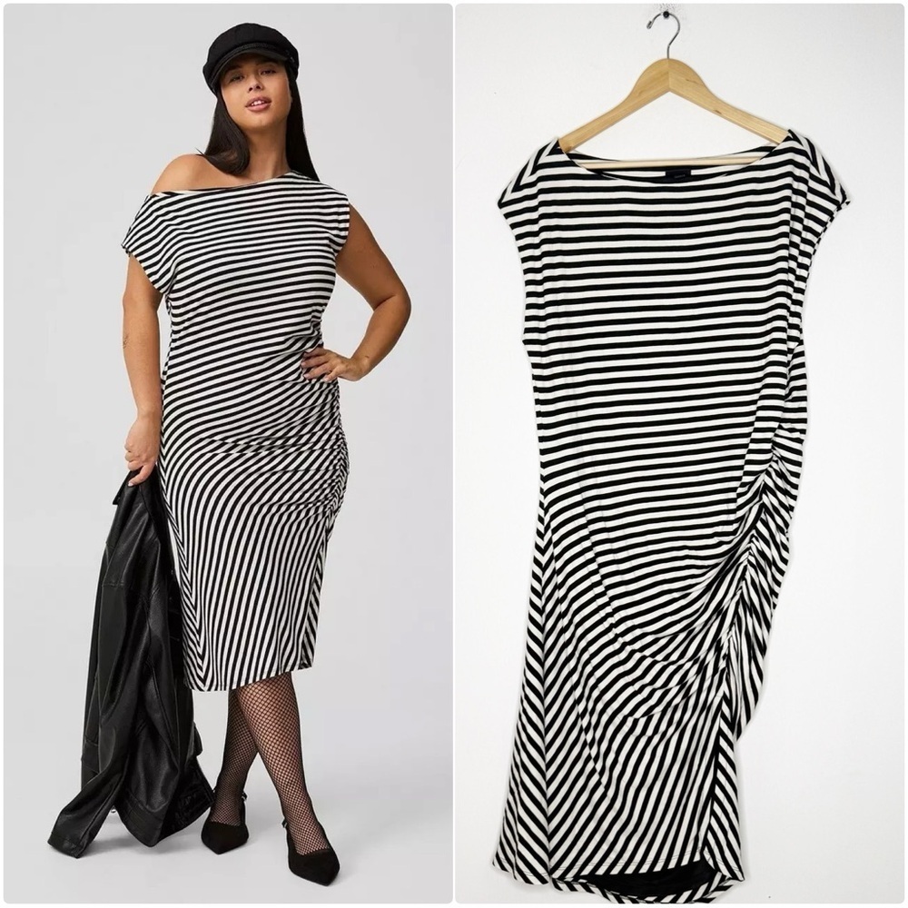 Torrid Black & White Striped Ruched Midi Dress – Size 2 (18/20) 2X - Picture 1 of 6